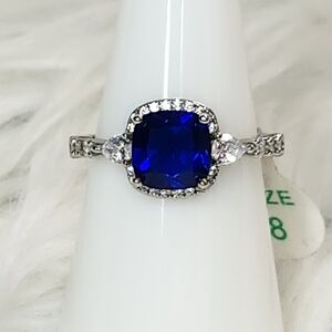 Lab Created Dark Blue Sapphire Ring on Rhodium Plating Size 8